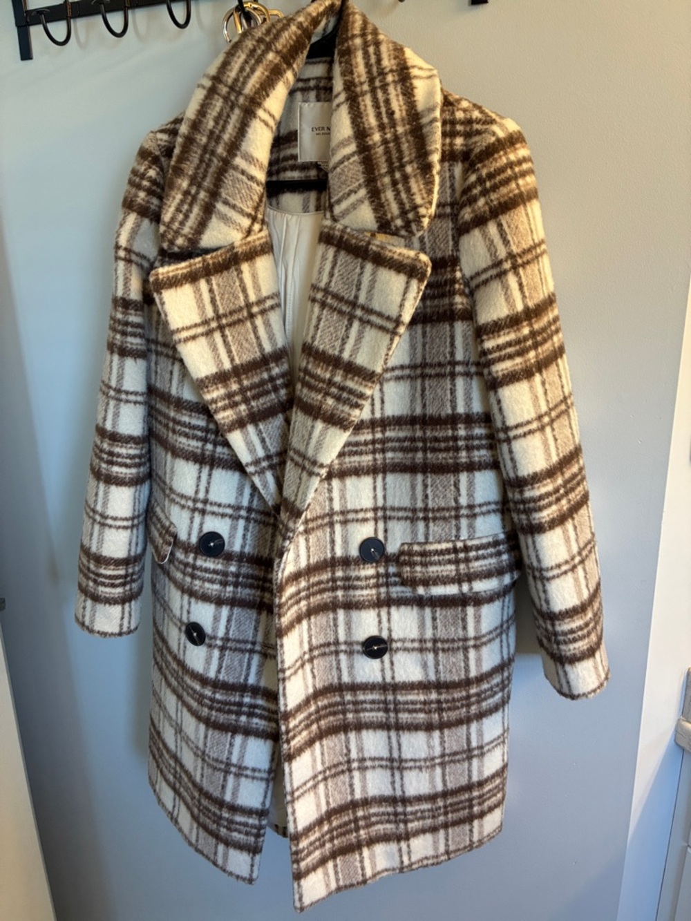 Ever New Cream and Brown Plaid Double-Breasted Pea Coat